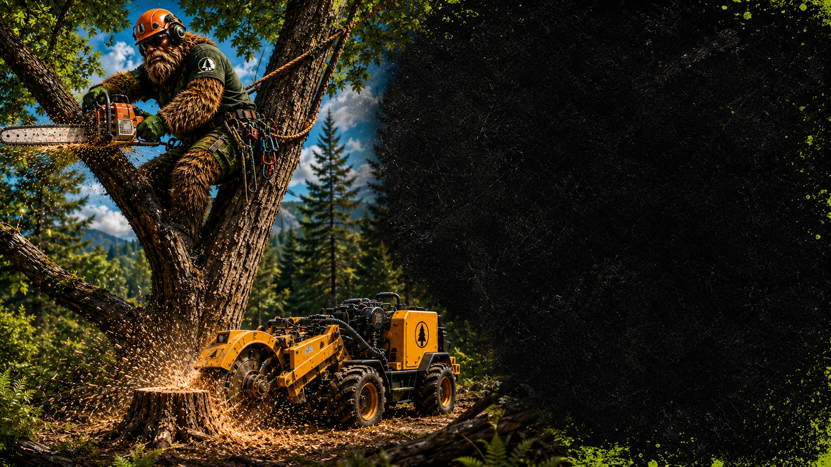 Tree service worker and stump grinder in a forest scene